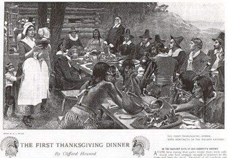“The First Thanksgiving Dinner with Portraits of the Pilgrim Fathers” by W. L. Taylor image